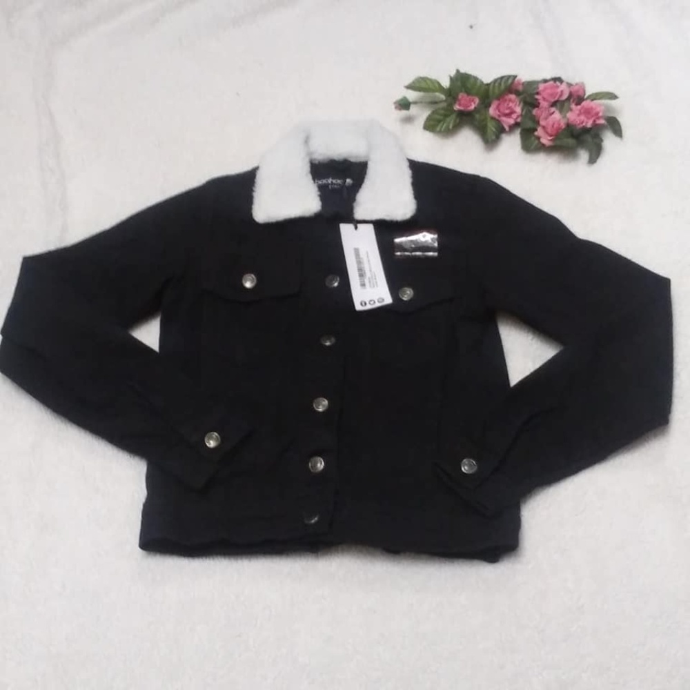 Boohoo Women's Petite Borg Collar Denim Jacket Bla